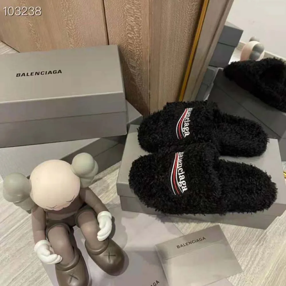 Balenciaga Furry Slide Sandal in Black Fake Shearling white Political Campaign Embroideries for Women