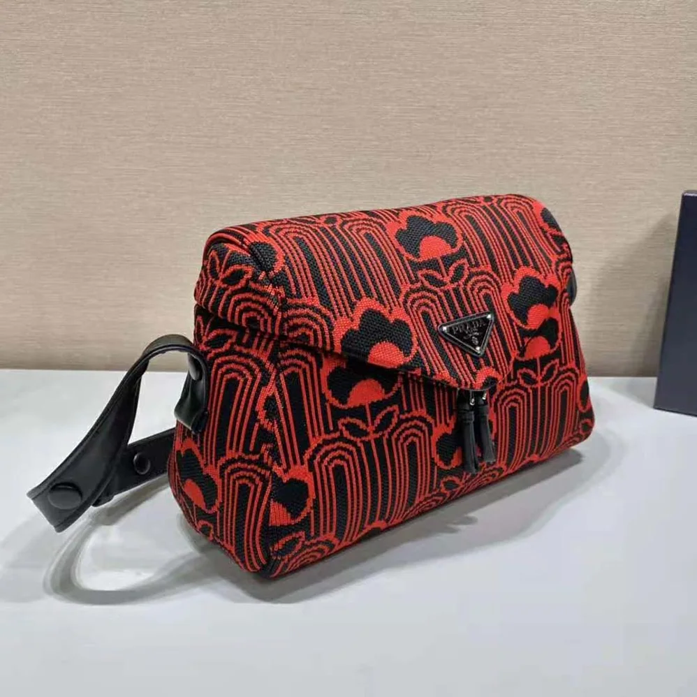 Prada Jacquard Knit and Leather Prada Signaux Bag for Women in Red Prada Jacquard Knit and Leather Prada Signaux Bag for Women in Red