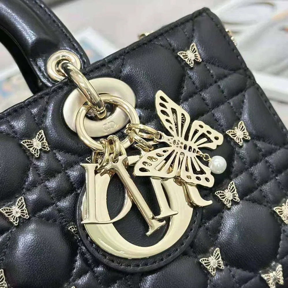 Dior Medium Lady D-joy Bag Black Cannage Lambskin with Gold for Women in Finish Butterfly Studs Dior Medium Lady D-joy Bag Black Cannage Lambskin with Gold for Women in Finish Butterfly Studs