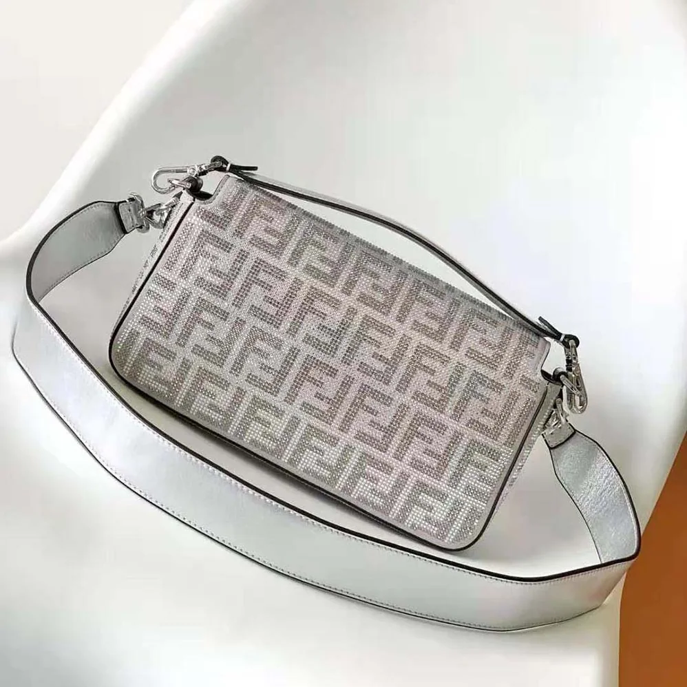 Fendi Baguette Silver Leather Bag with Crystal FF Motif for Women Fendi Baguette Silver Leather Bag with Crystal FF Motif for Women