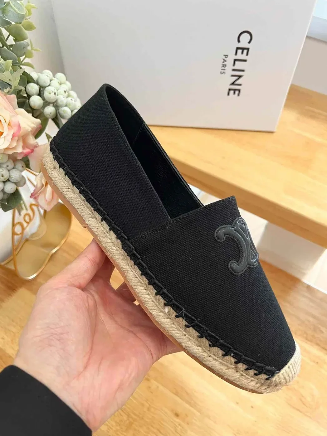 Celine Flat Espadrille With Triomphe Patch In Tweed Black Celine Flat Espadrille With Triomphe Patch In Tweed Black