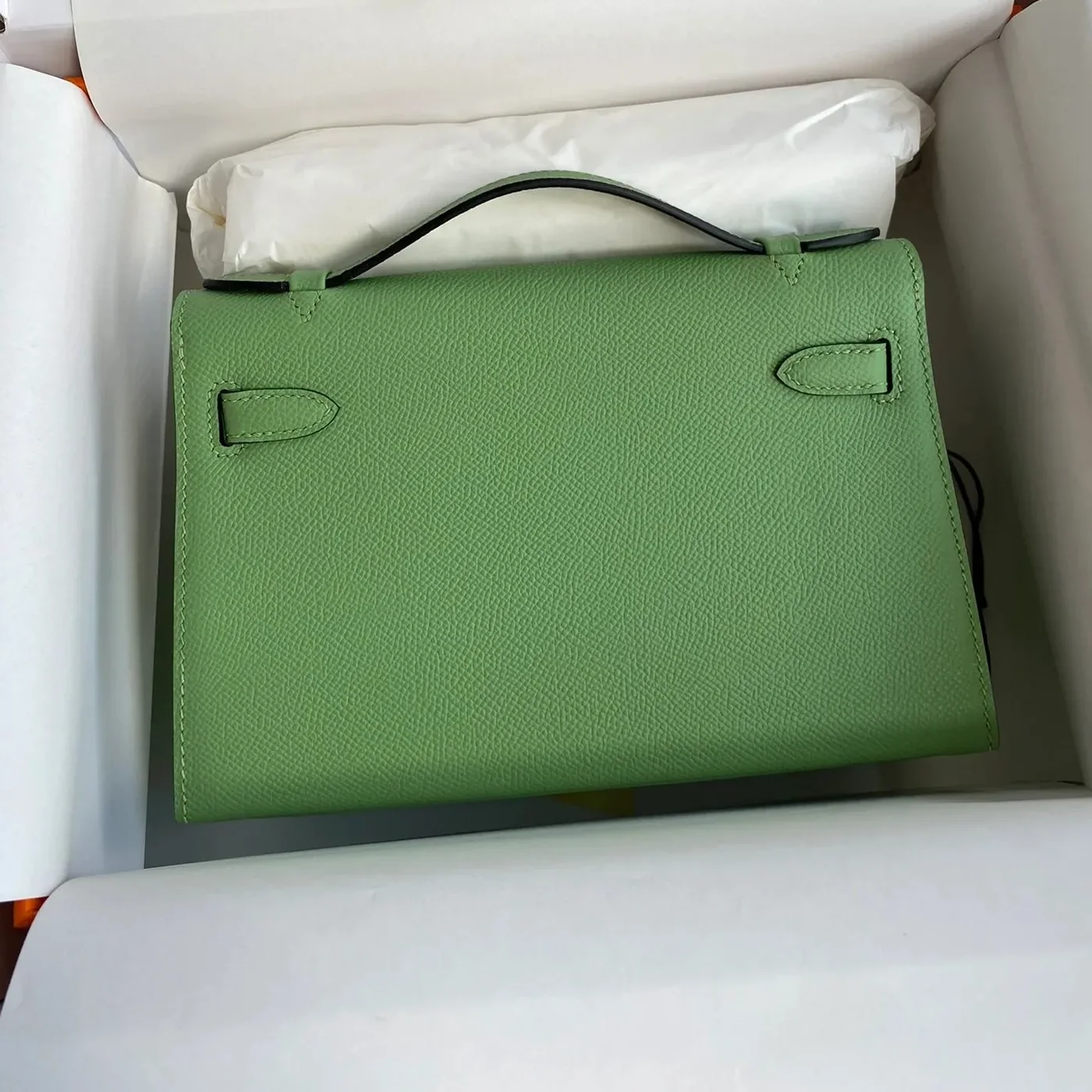 Hermes Kelly Pochette Top Handle Bag in Green Epsom Palladium Hardware