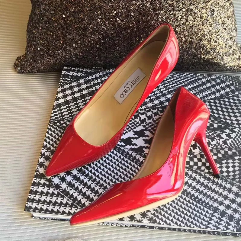 Jimmy Choo Romy 85 Patent Leather Pointy Toe Pumps Shoes for Women in Red