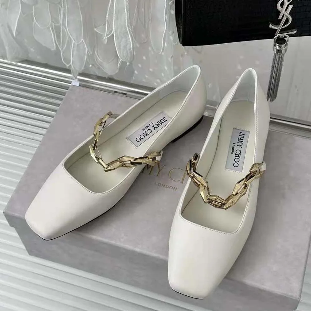 Jimmy Choo Diamond Tilda Flat Black Nappa Leather Flats with Chain for Women in White