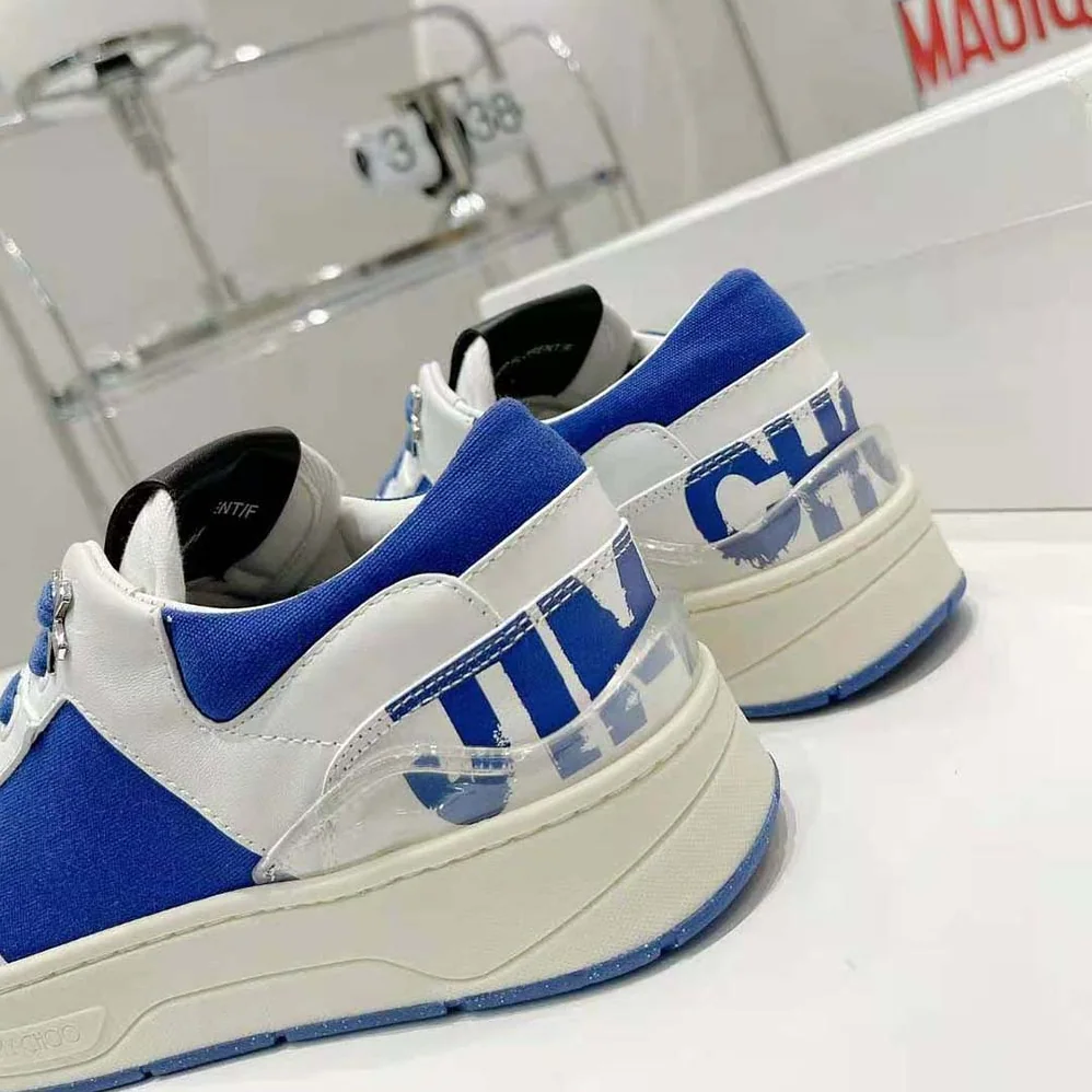 Jimmy Choo JC / Eric Haze Florent/M White Calf Leather and Blue Canvas Trainers for Unisex Jimmy Choo JC / Eric Haze Florent/M White Calf Leather and Blue Canvas Trainers for Unisex