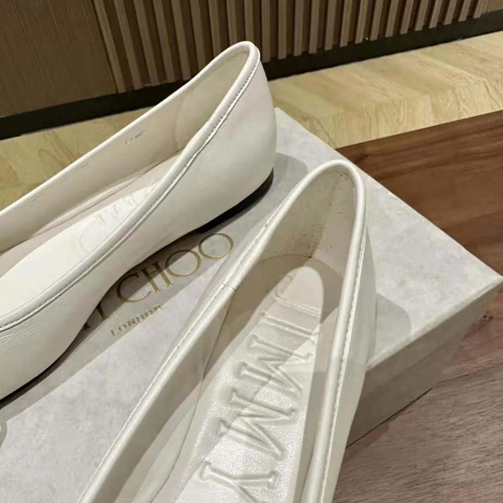 Jimmy Choo Elme Flat Latte Nappa Leather Flats with Pearl Embellishment for Women Jimmy Choo Elme Flat Latte Nappa Leather Flats with Pearl Embellishment for Women