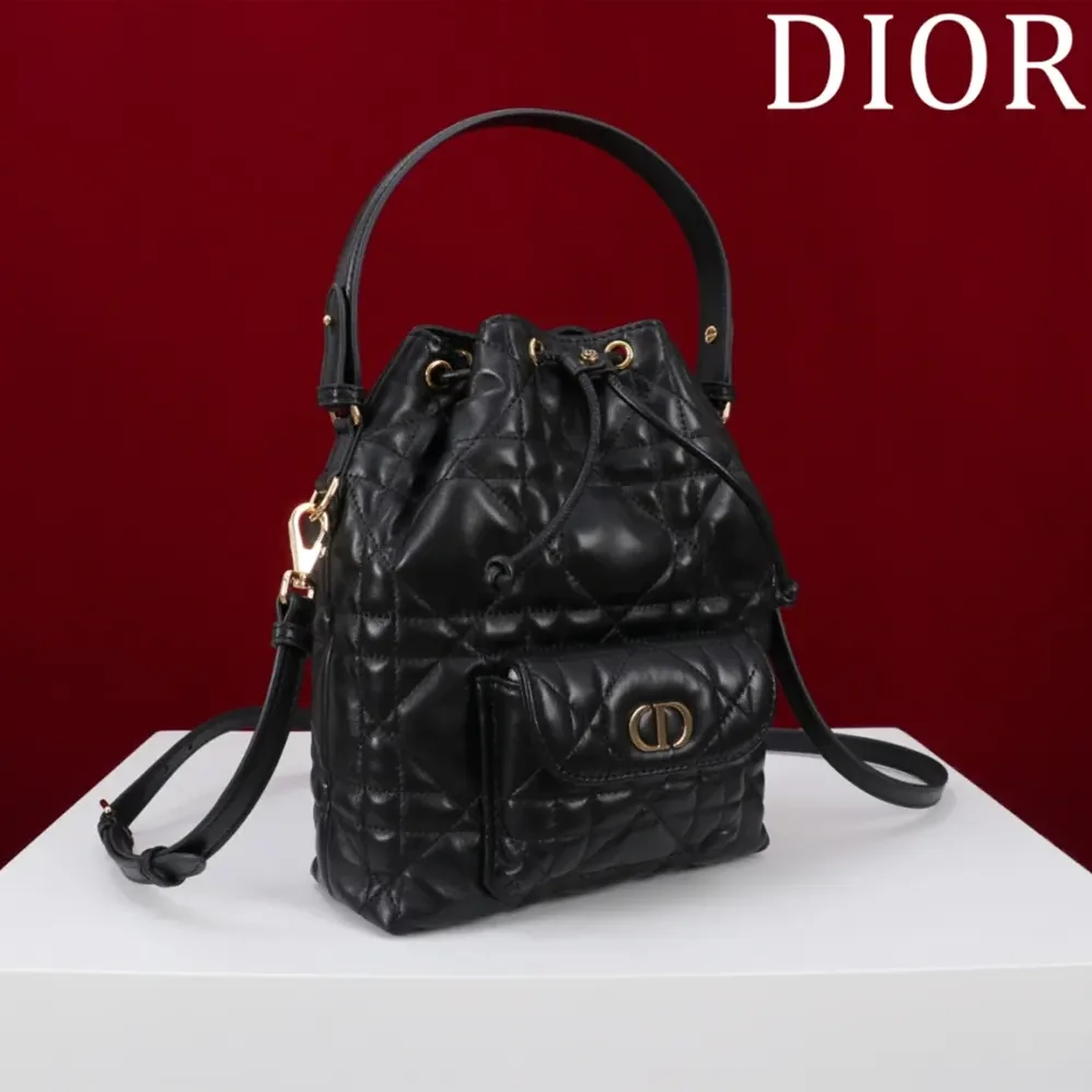 Dior Small Dior Caro Bucket Bag Black Macrocannage Lambskin for Women