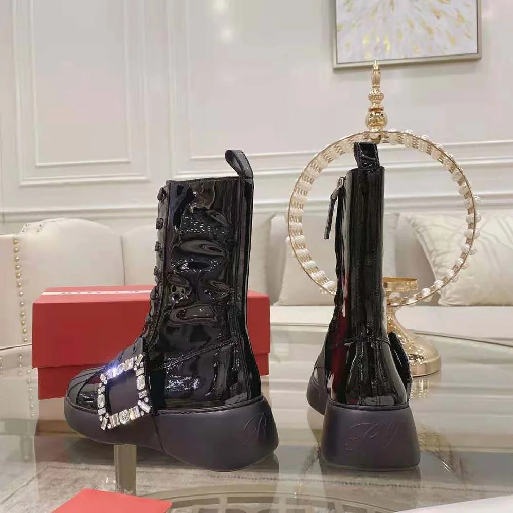 Roger Vivier Viv Skate Lace Up Strass Buckle Booties in Leather for Women in Black Roger Vivier Viv Skate Lace Up Strass Buckle Booties in Leather for Women in Black