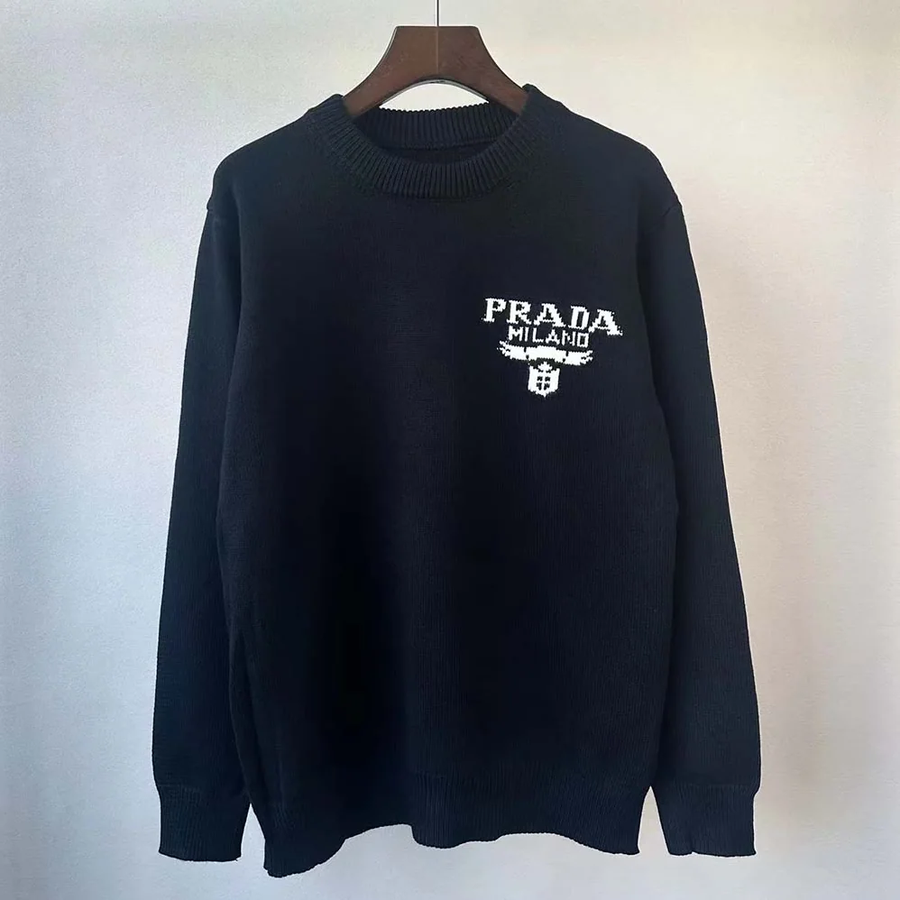 Prada Cashmere and Silk Sweater With Intarsia Logo for Women in Black Prada Cashmere and Silk Sweater With Intarsia Logo for Women in Black