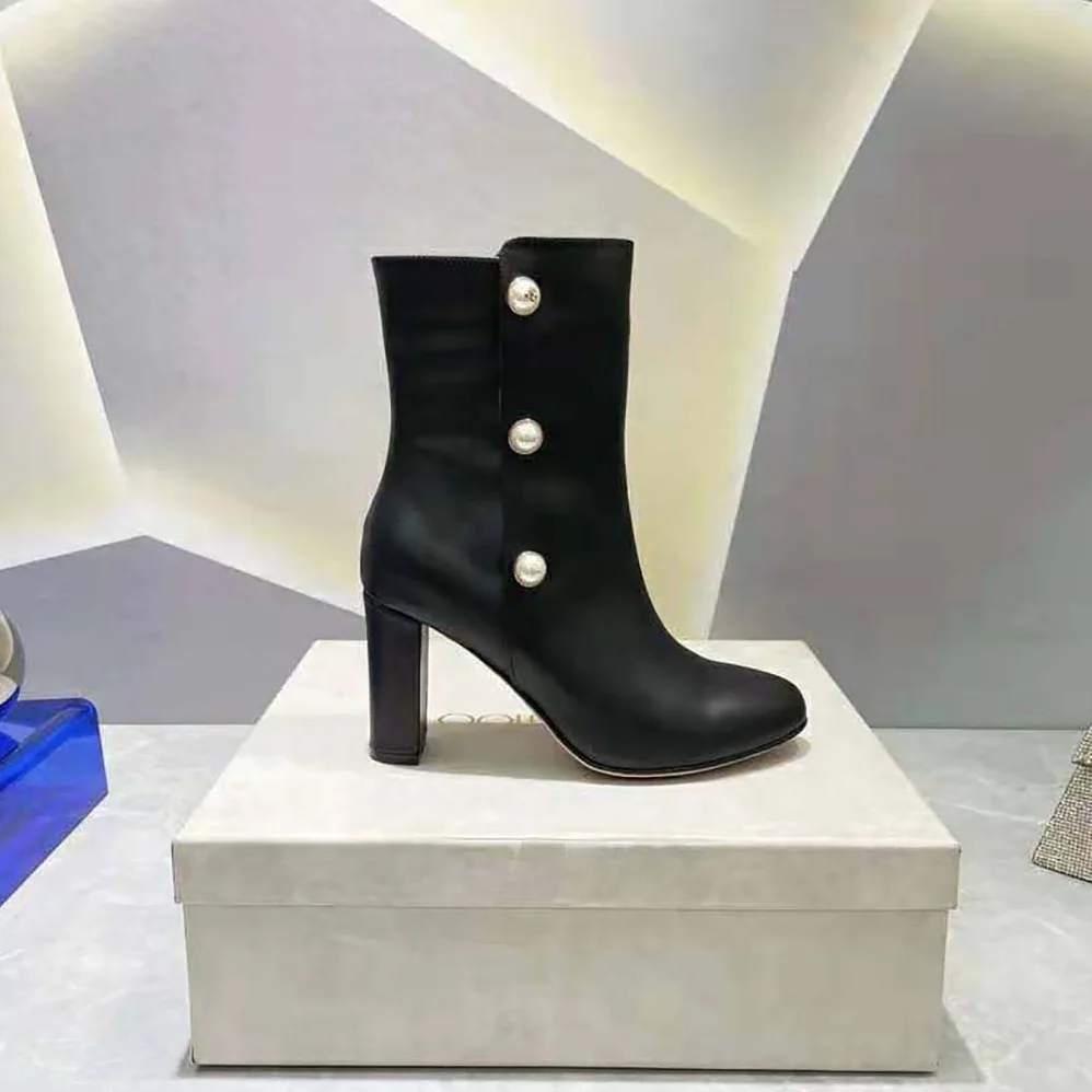 Jimmy Choo Black Nappa Leather Mid for Women in Calf Boots with Pearls Jimmy Choo Black Nappa Leather Mid for Women in Calf Boots with Pearls