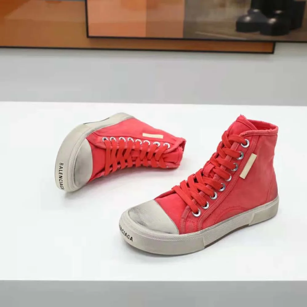 Balenciaga Paris High Top Sneaker in Red Destroyed Cotton and White Rubber for Unisex Balenciaga Paris High Top Sneaker in Red Destroyed Cotton and White Rubber for Unisex