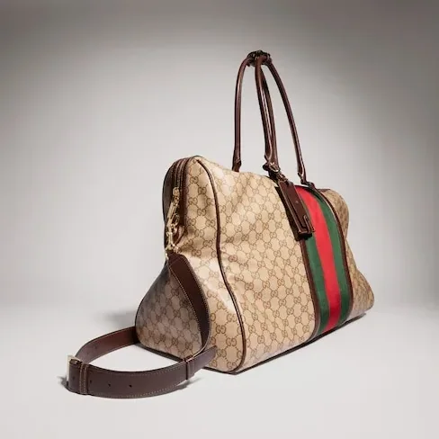 Gucci GG Medium In Web Duffle Bag / Sand/ Dark Brown Gold Hardware Gucci GG Medium In Web Duffle Bag / Sand/ Dark Brown Gold Hardware
