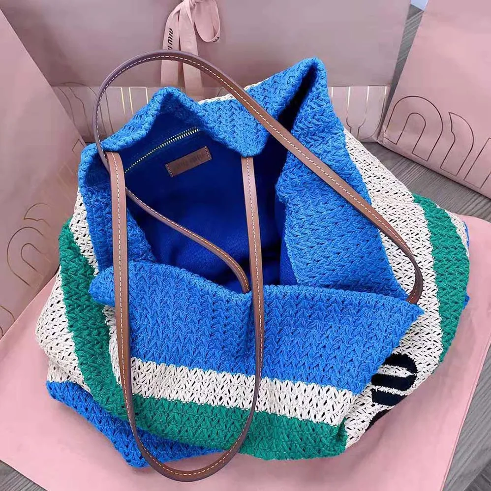 Miu Miu Woven Fabric Tote Bag for Women in Blue Miu Miu Woven Fabric Tote Bag for Women in Blue