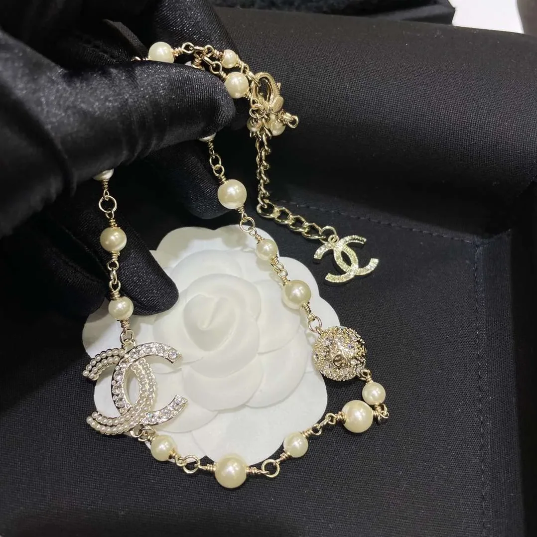 Chanel Round Crystal Pearl Necklace Gold
