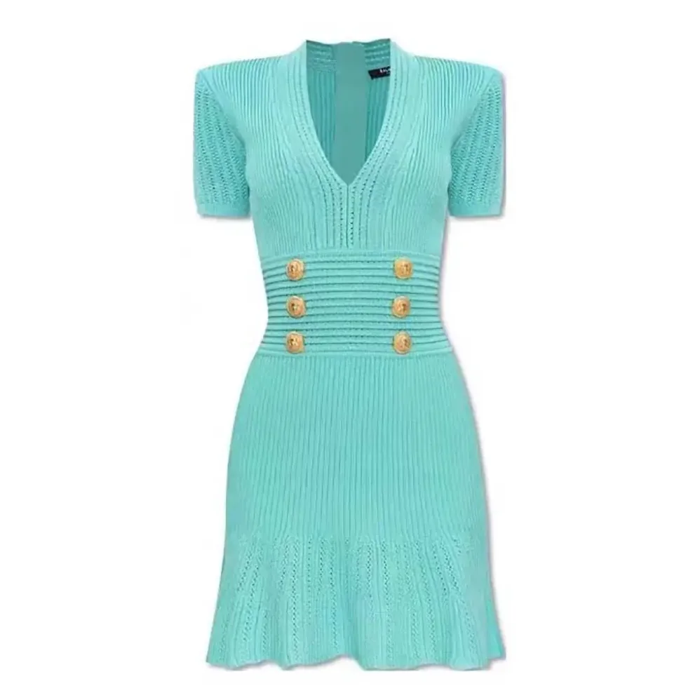 Balmain Flared Knit Dress for Women in Light Blue