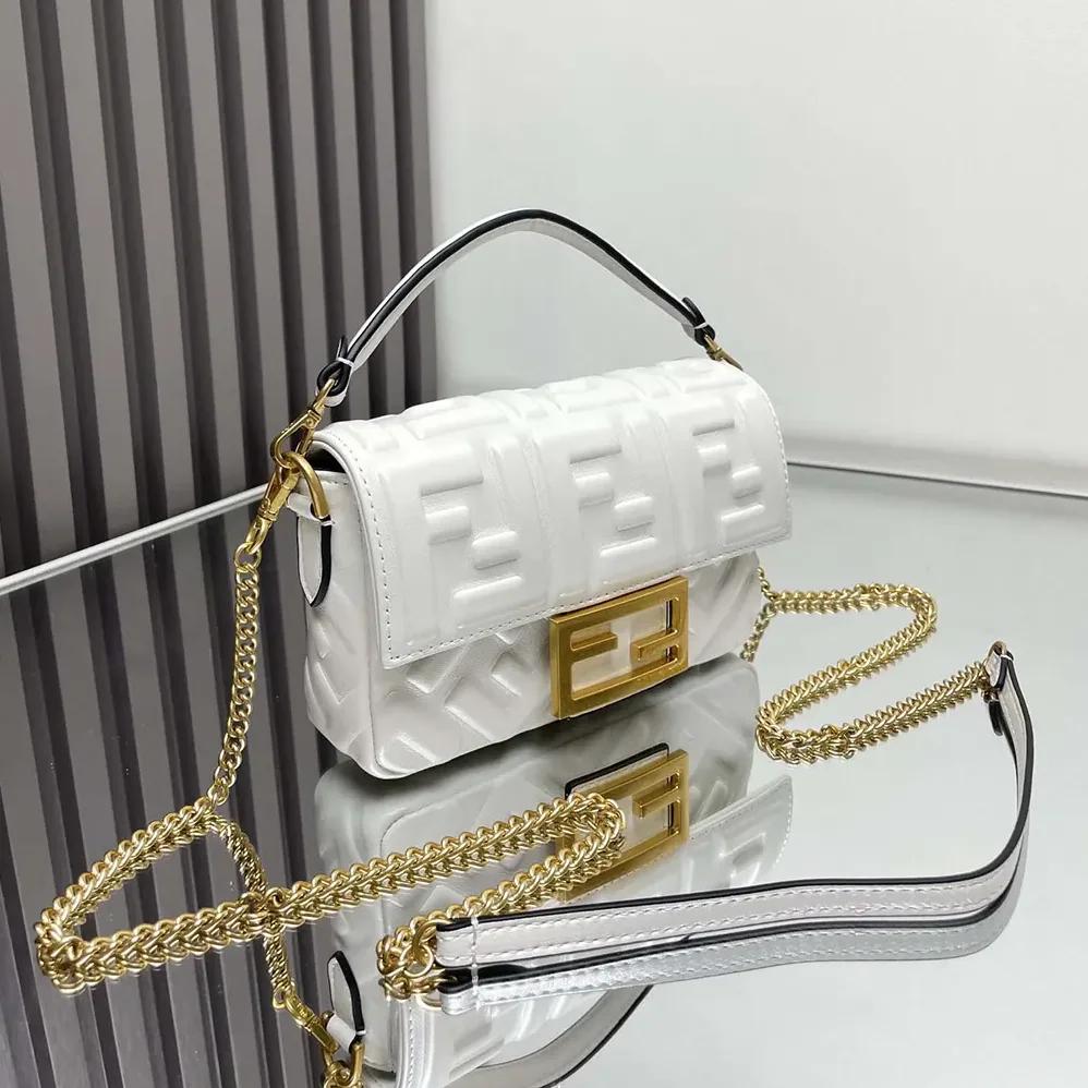 Fendi Baguette Mini White Nappa Leather Bag with FF Motif for Women Fendi Baguette Mini White Nappa Leather Bag with FF Motif for Women