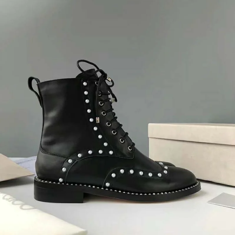 Jimmy Choo Shoes Hanah Flat Black Smooth Leather Boots with Pearl Detailing for Women Jimmy Choo Shoes Hanah Flat Black Smooth Leather Boots with Pearl Detailing for Women