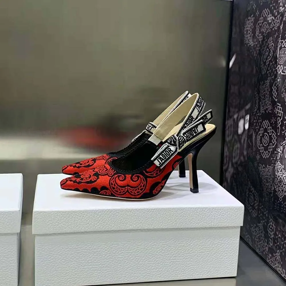 Dior J'Adior Slingback Pump Black and Red Cotton with Dior Bandana Embroidery for Women Dior J'Adior Slingback Pump Black and Red Cotton with Dior Bandana Embroidery for Women