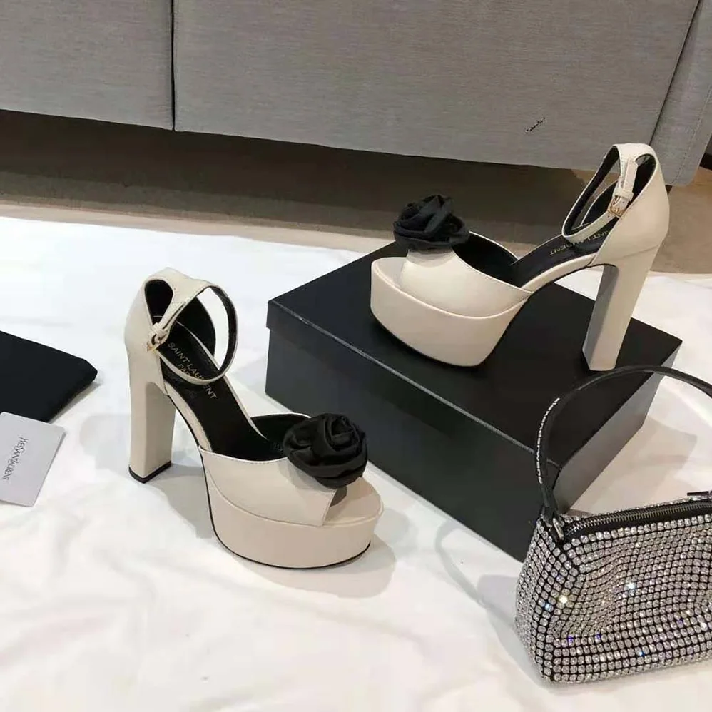 Saint Laurent YSL Jodie Platform Sandals in Smooth Leather with Silk Satin Flower for Women in White