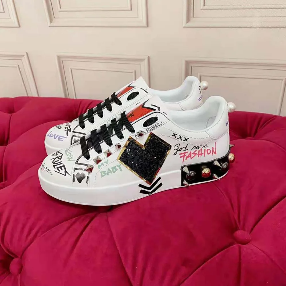 Dolce Gabbana D&G Printed Calfskin Portofino Sneakers with Patch for Unisex