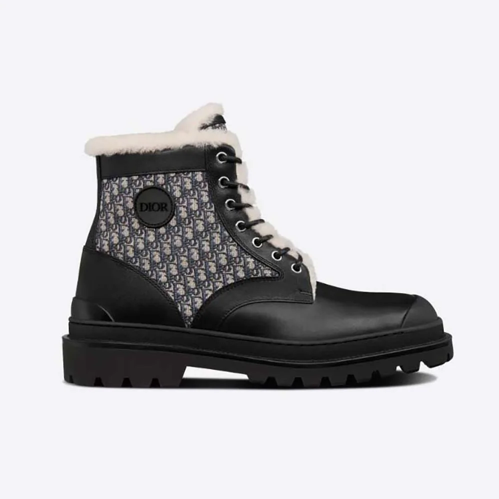 Dior Dior Explorer Ankle Boot Black Smooth Calfskin and Beige and Black Dior Oblique Jacquard for Men