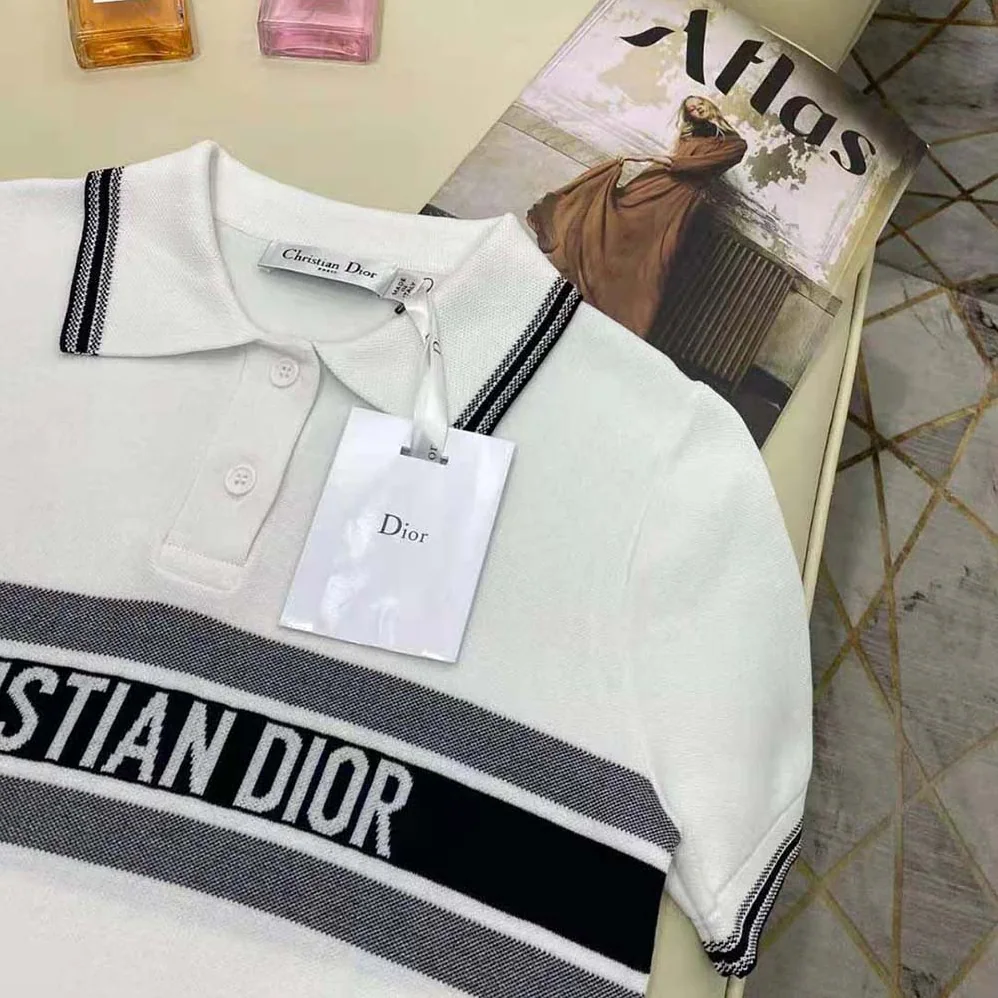 Dior Polo Shirt White and Navy Blue Cotton Jersey for Women Dior Polo Shirt White and Navy Blue Cotton Jersey for Women