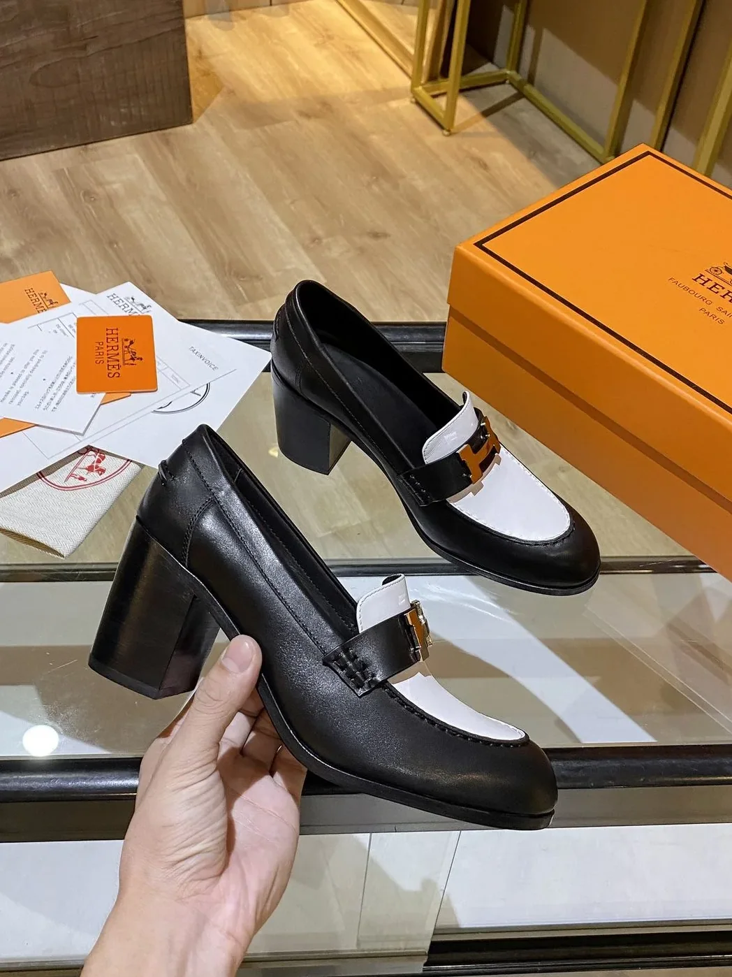 Hermes Dauphine 70 Loafers Black in White