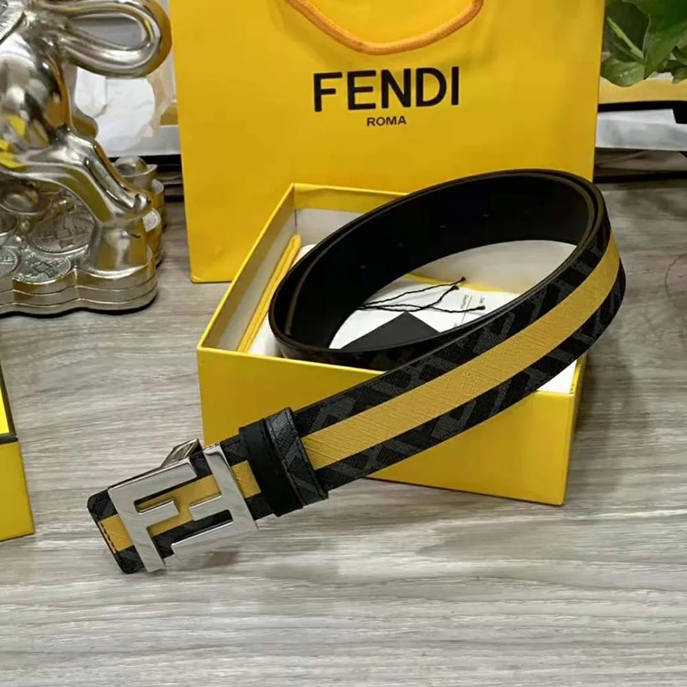 Fendi Black Leather Belt with FF Buckle with Stud Closure for Men Fendi Black Leather Belt with FF Buckle with Stud Closure for Men