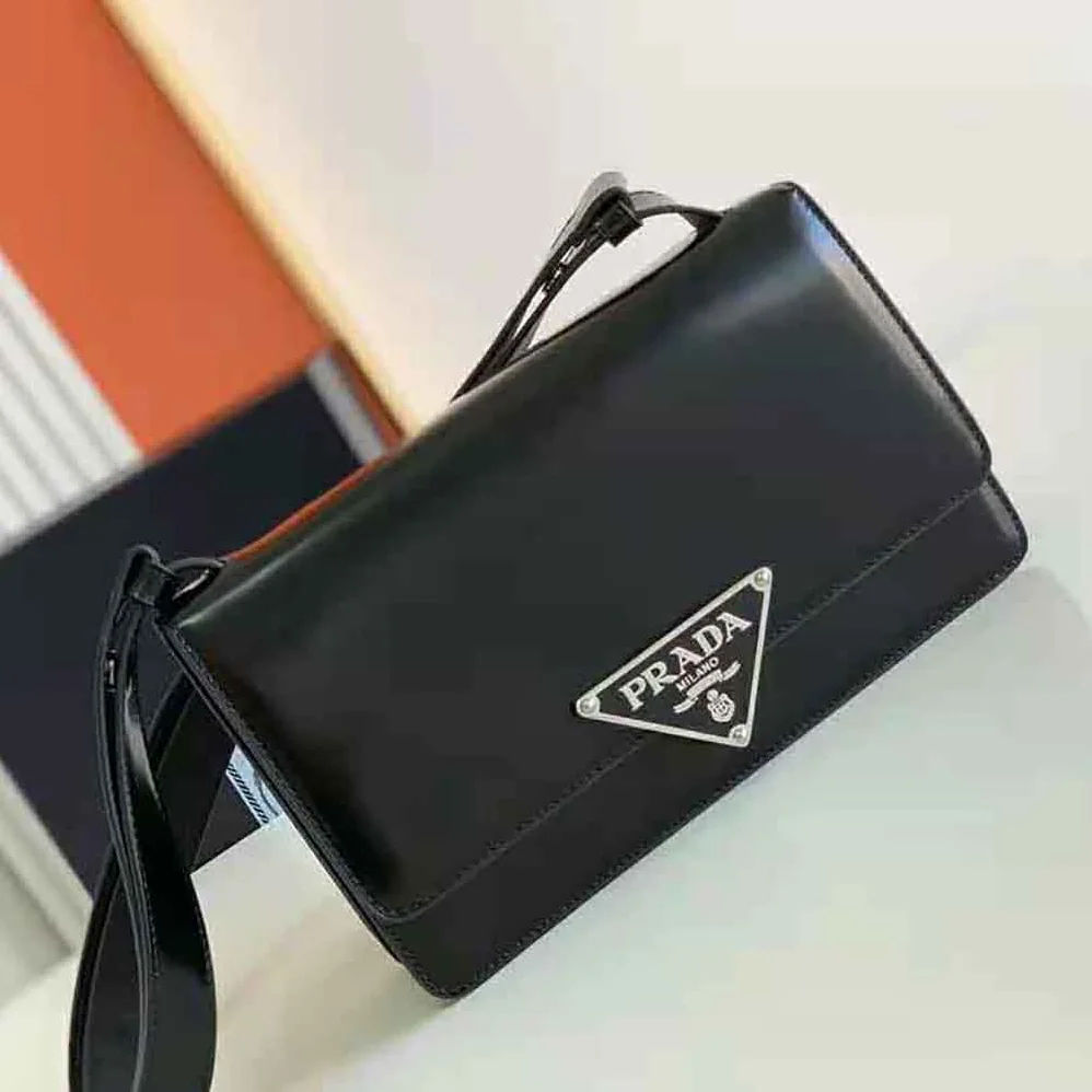 Prada Embleme Brushed-Leather Bag for Women in Black Prada Embleme Brushed-Leather Bag for Women in Black