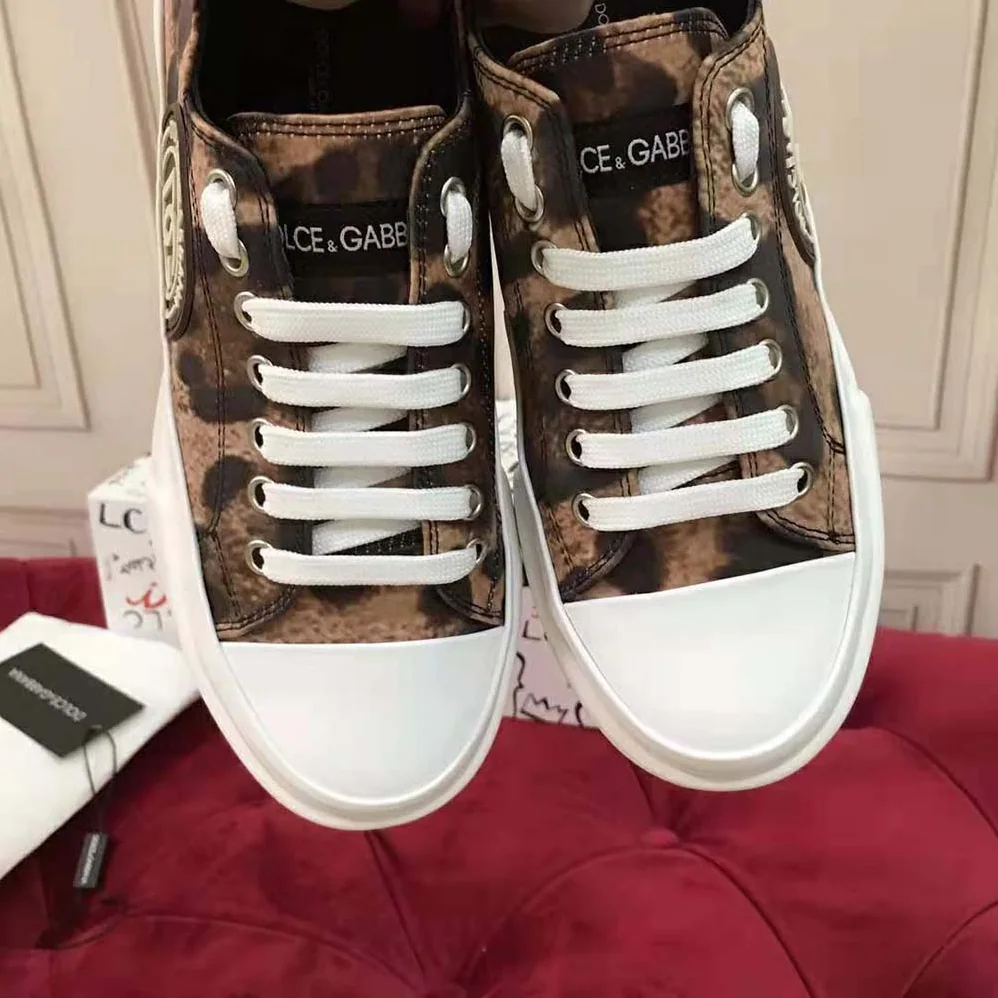 Dolce Gabbana D&G Cotton Drill Portofino Light Sneakers with Leopard Print and DG Logo for Women