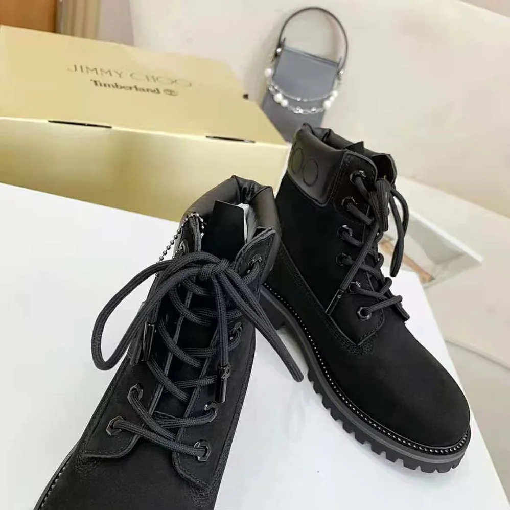Jimmy Choo JC X Timberland/M Black Nubuck Leather Boots with Gunmetal Glitter for Women
