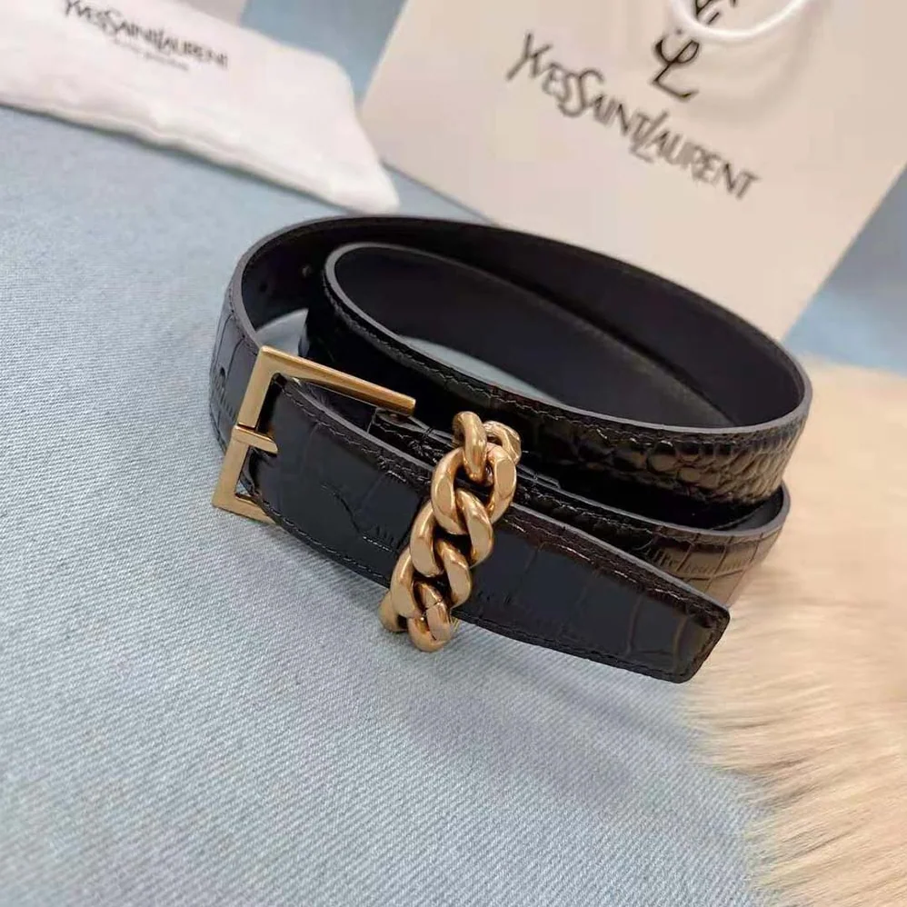 Saint Laurent YSL Chain-loop Narrow Belt with Square Buckle in Lacquered Python for Women
