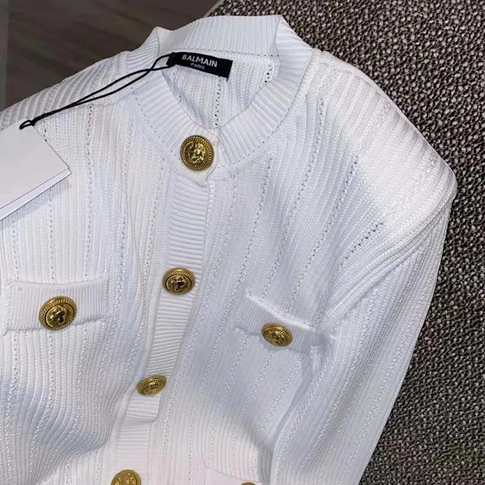 Balmain Knit Cardigan with Gold Buttons for Women in White