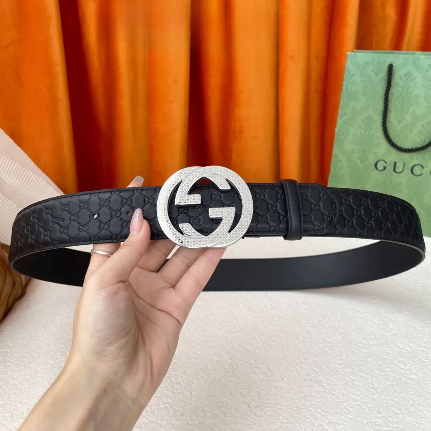 Gucci Monogram Belt Black With Silver Crystal Buckle Gucci Monogram Belt Black With Silver Crystal Buckle