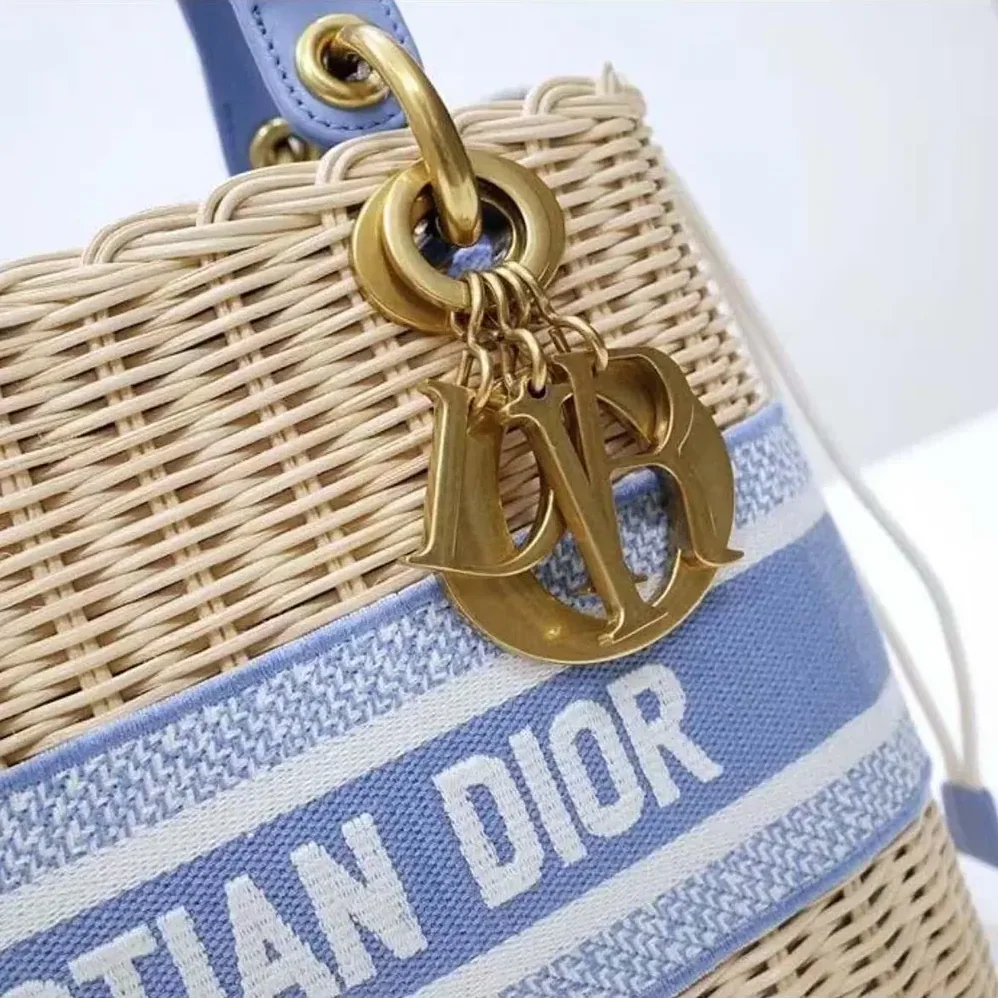 Dior Medium Lady Dior Bag Natural Wicker and Light Blue Dior Oblique Jacquard for Women