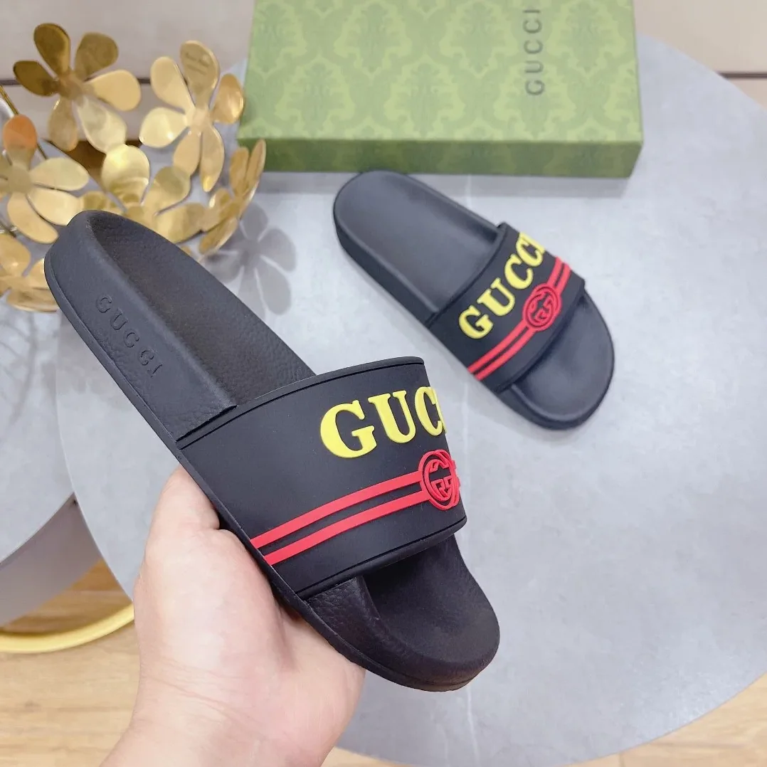 Gucci Logo Rubber Slide Black Red And Yellow for Men Gucci Logo Rubber Slide Black Red And Yellow for Men