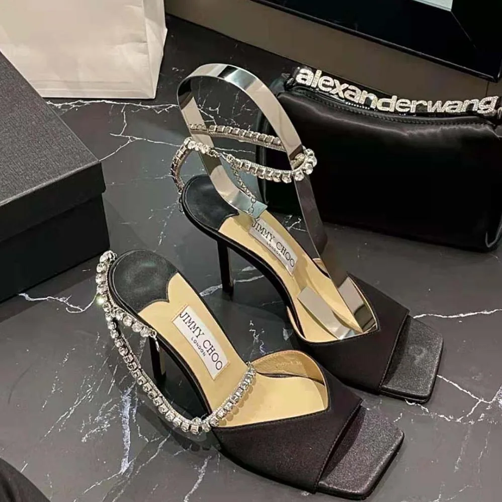 Jimmy Choo Saeda Sandal 100 Black Suede Sandals with Crystal Embellishment for Women Jimmy Choo Saeda Sandal 100 Black Suede Sandals with Crystal Embellishment for Women