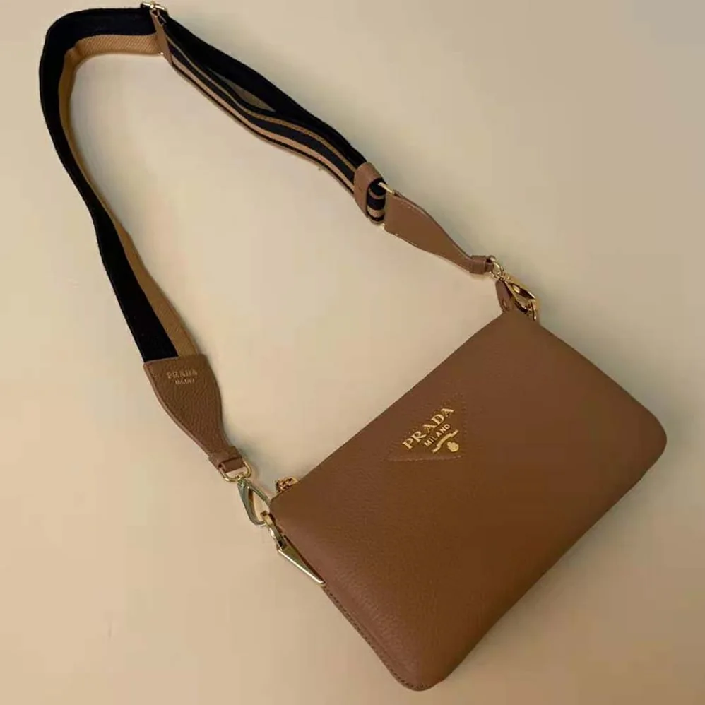 Prada Leather Shoulder Bag with Metal Lettering Logo for Women in Brown