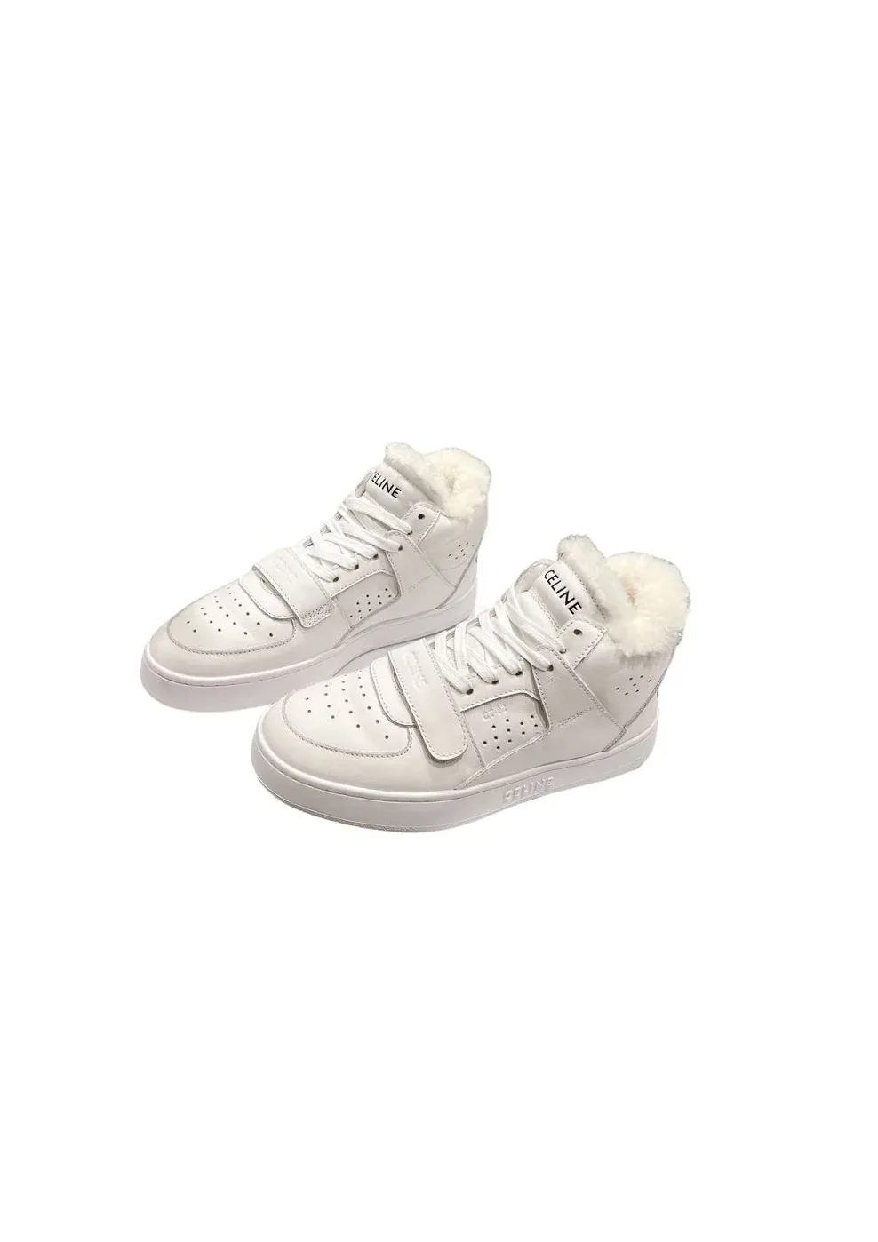 Celine Block Sneakers With Wedge Outsole With Fur White Celine Block Sneakers With Wedge Outsole With Fur White