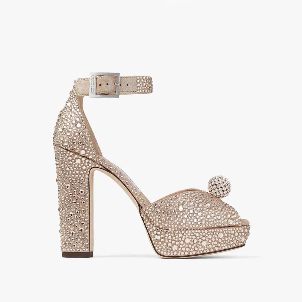 Jimmy Choo Socorie 120 Honey Gold Suede Platform Sandals with Crystals for Women