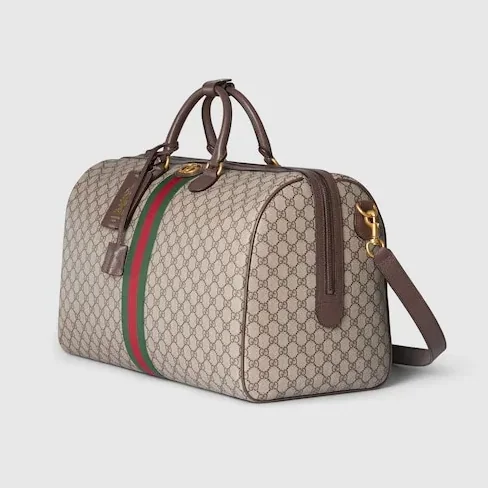 Gucci Savoy Large Duffle Travel Bag / Beige/ Dark Brown Gold Hardware
