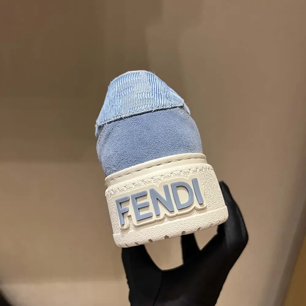 Fendi Match Denim-effect FF Jacquard and Light Blue Suede Platform Low Tops for Women