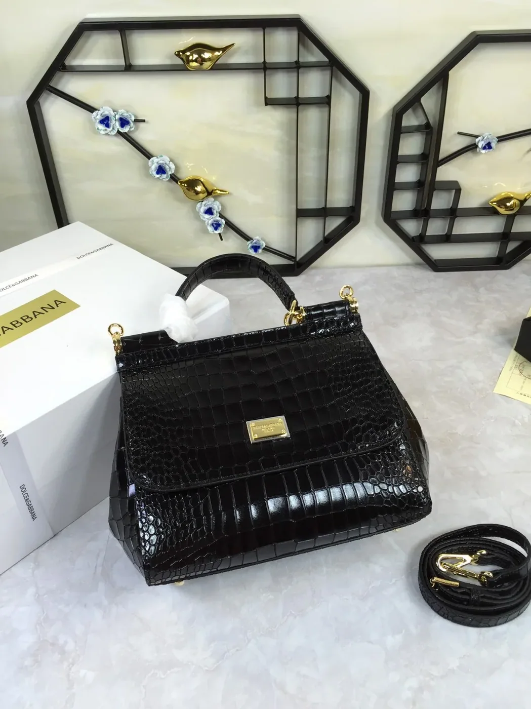 Dolce & Gabbana Medium Sicily Bag In Foiled Crocodile in Print Black / DG