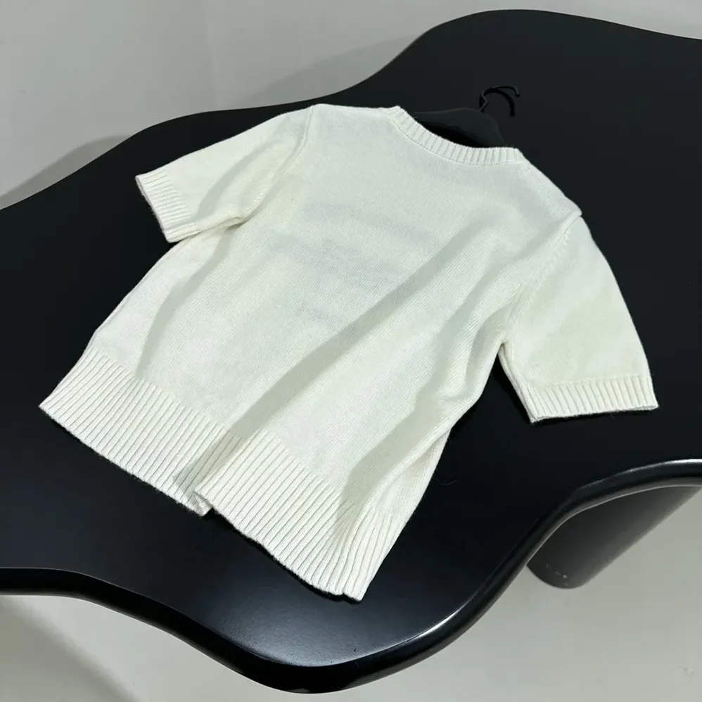 Dior Short-Sleeved Sweater White Cashmere Knit with Black Christian Dior Papillon Motif for Women