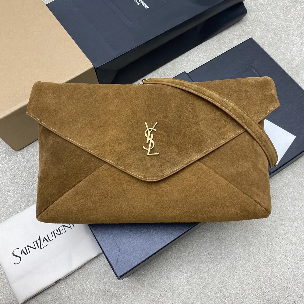 Saint Laurent YSL Cassandre Xxl Pouch On Chain In Suede for Women in Brown Saint Laurent YSL Cassandre Xxl Pouch On Chain In Suede for Women in Brown