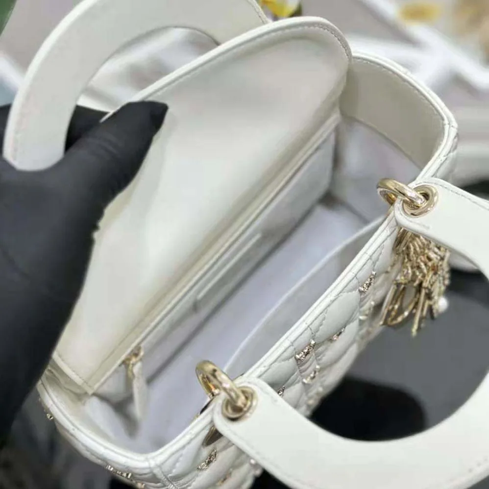 Dior Small Lady Dior Bag White Cannage Lambskin with Gold for Women in Finish Butterfly Studs Dior Small Lady Dior Bag White Cannage Lambskin with Gold for Women in Finish Butterfly Studs