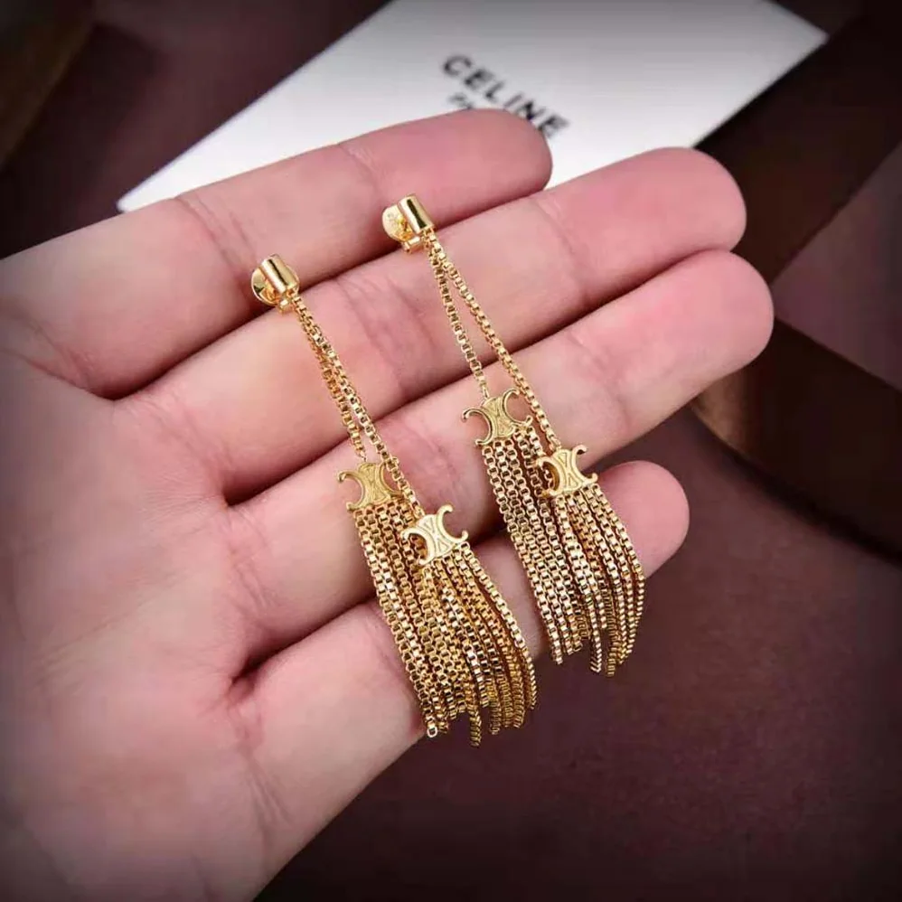 Celine Triomphe Folk Pompon Earrings in Brass with Gold Finish for Women