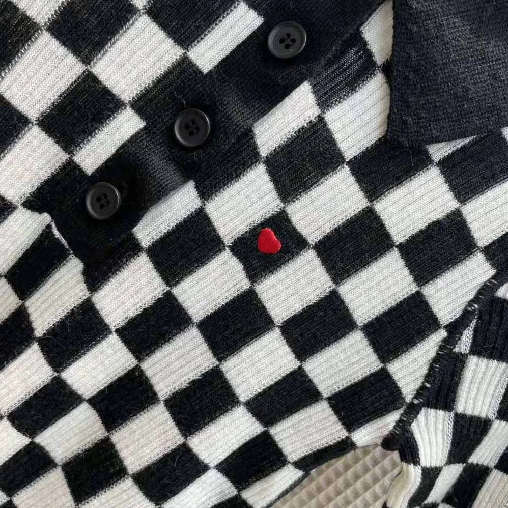 Dior Dioramour Polo Shirt Black and White D-Chess Heart Cashmere Knit and Silk for Women Dior Dioramour Polo Shirt Black and White D-Chess Heart Cashmere Knit and Silk for Women