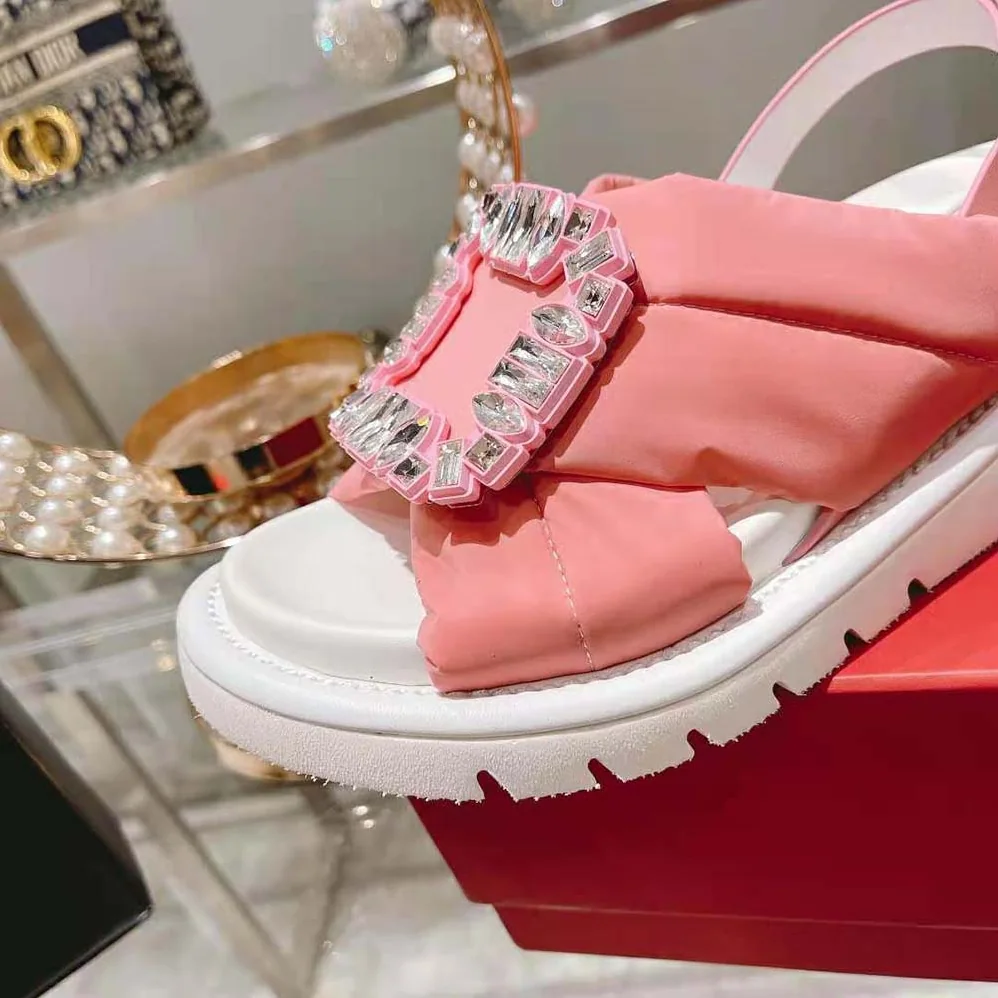 Roger Vivier Viv Winter Puffy Strass Buckle Sandals in Satin for Women in Pink