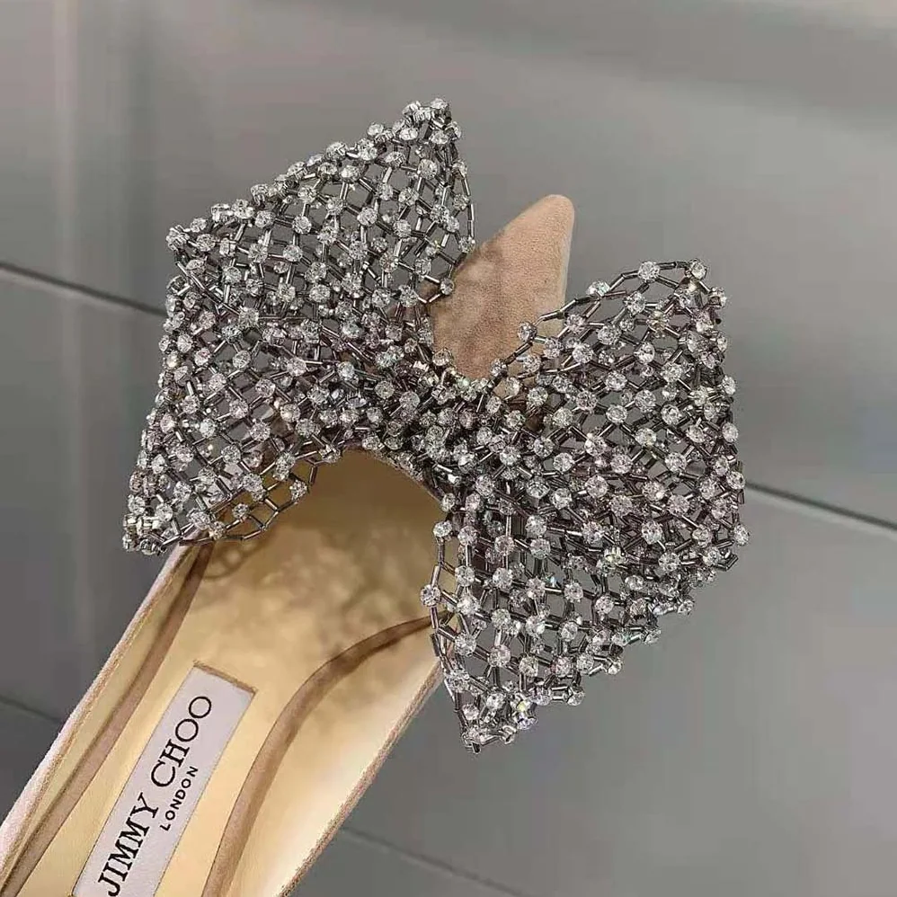 Jimmy Choo Seka 100 Ballet Pink Suede Pumps with Crystal Bow Clasp for Women